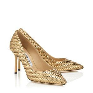 Jimmy Choo Romy 85 Gold Mix Woven Metallic Fabric Pointy Toe Pump Sz/ 8.5